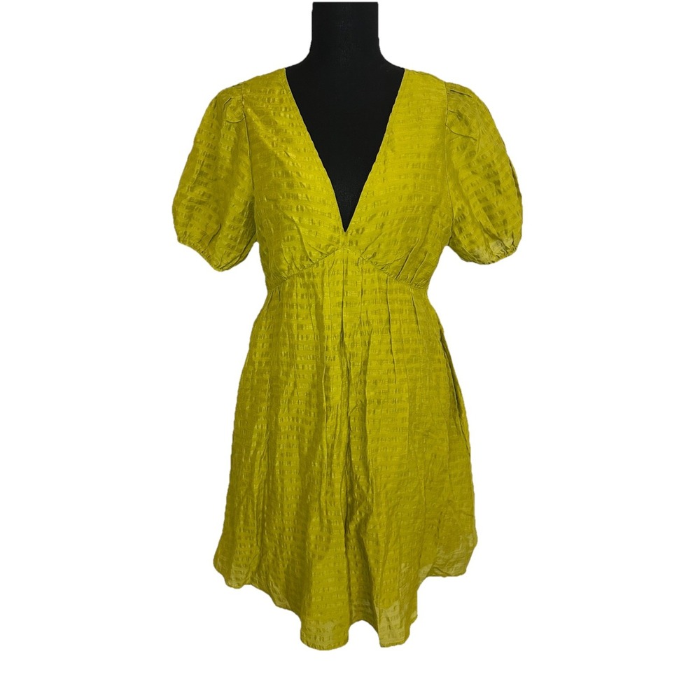 Madewell Women's SIZE 8 Annamarie Mini Dress Citrus Lime Puff Sleeve Back Cutout
